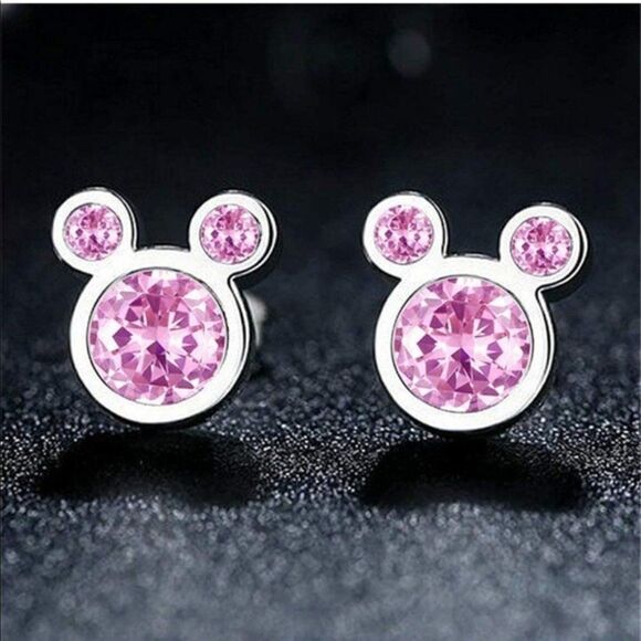 Silver Platinum and Pink Sapphire Cubic Zirconia Mickey Mouse Post Stud Earrings - Picture 2 of 6